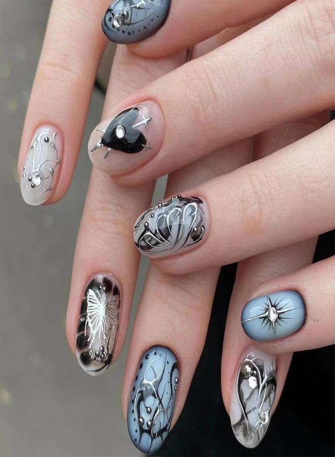 MERVF Medium Press on Nails Round Fake Nails Goth Glue ons Black Heart Butterfly Swirls Design Oval Acrylic False Nail for Women Glossy 24pcs - Image 1